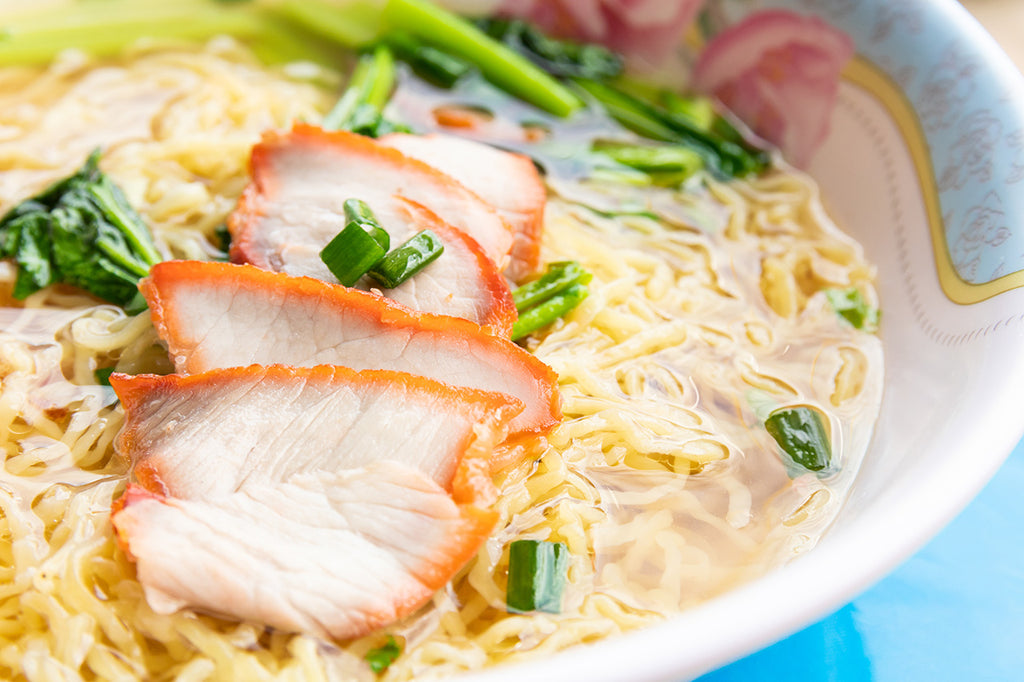Egg Noodle Soup with Fried Puff Tofu and Oriental Red Pork